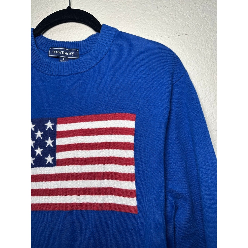Crown & Ivy Blue American Flag Sweater Womens Small Cotton Wool Blend Crewneck - Picture 7 of 10